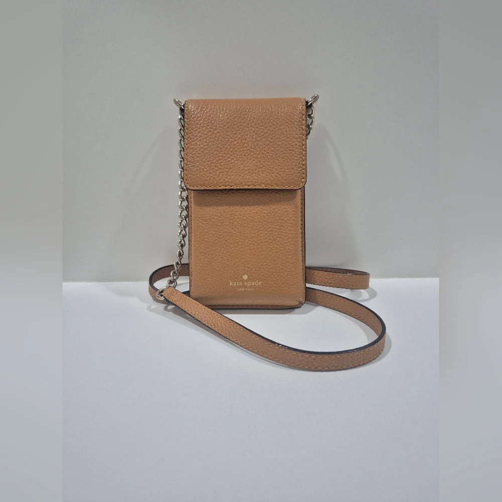 Kate Spade Tan Brown Leather North South Phone Crossbody Bag Purse